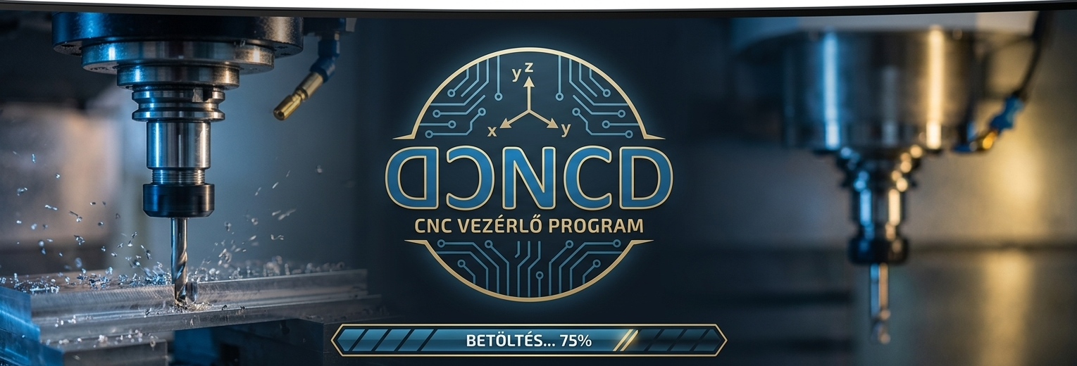 A DCNCD indítóképernyője marógép-fotóval és a program logójával